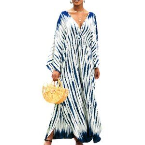 V-Neck Batwing Sleeve Kaftan Dress Plus Size Swim Cover Up Elegant Boho